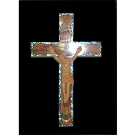 Abalone-Trimmed Olive Wood Crucifix with Olive Wood Corpus - 3616