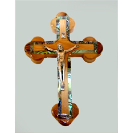 Abalone-Trimmed Olive Wood Byzantine Crucifix - 3640
