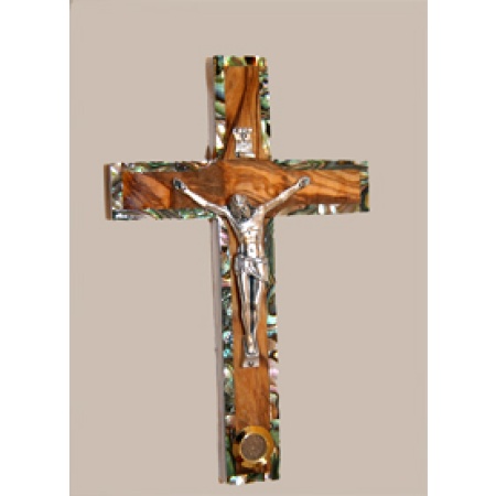 Abalone-Trimmed Olive Wood Crucifix - 3652